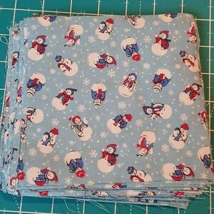 40 Vintage Christmas Light Blue Snowman Fabric Pre-cut Squares 5.75 Inch